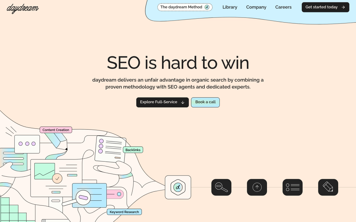 Daydream homepage showing full-service SEO and AI search optimization platform combining expert-led methodology with SEO agents for organic growth.