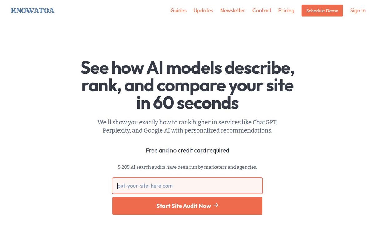 Knowatoa homepage showing AI search monitoring platform