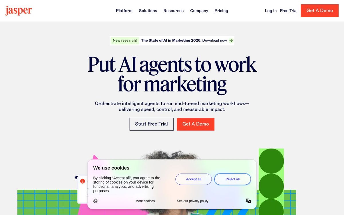 Jasper homepage showing AI marketing agents and content pipeline platform