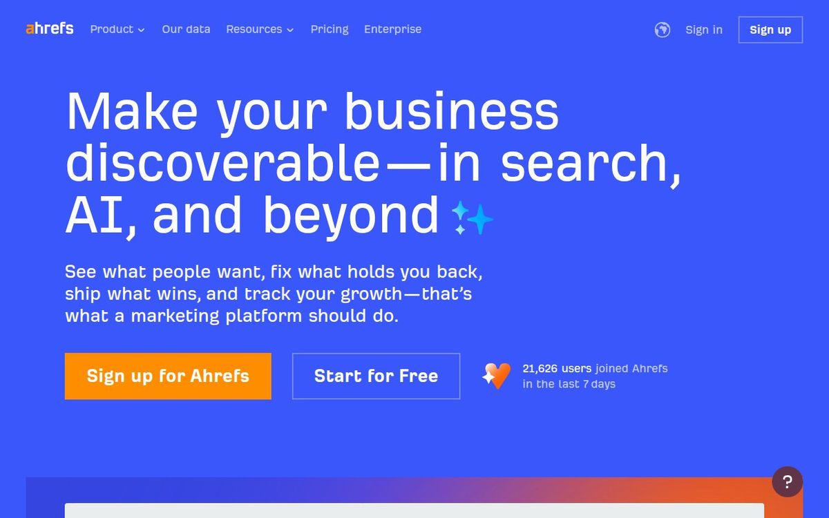 Ahrefs homepage showing SEO toolset and Brand Radar feature