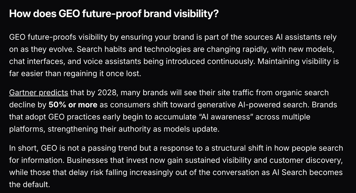 A section explaining how Generative Engine Optimization (GEO) helps brands future-proof visibility by ensuring their content is referenced by AI assistants.