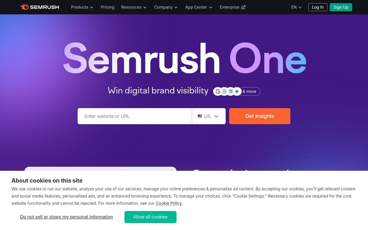 Semrush homepage showing online marketing and SEO toolkit