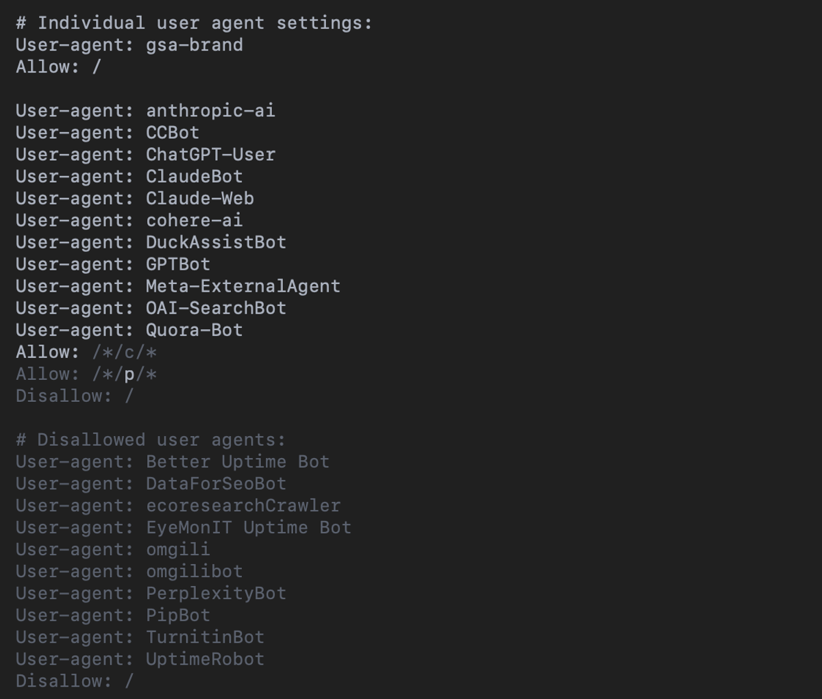 An example of a robots.txt file configured to allow major AI crawlers like GPTBot, ClaudeBot, and ChatGPT-User, while blocking non-AI bots.