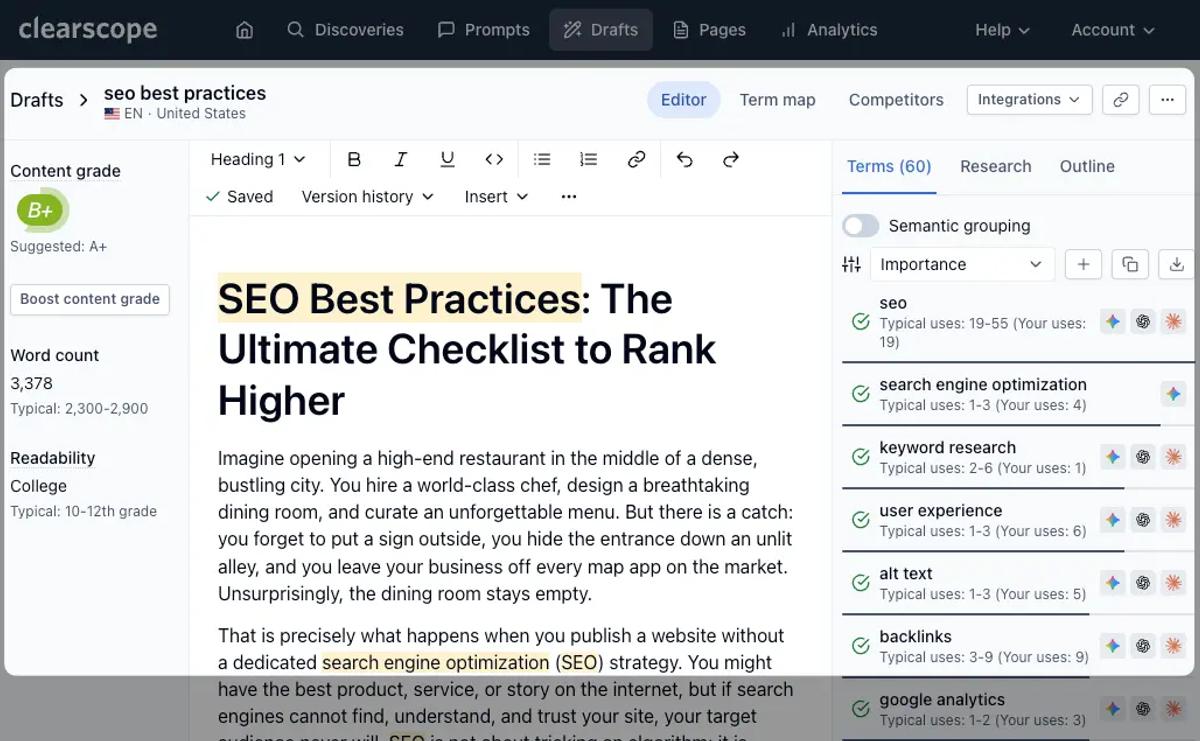 Clearscope's editor shows the draft alongside content grade, readability and recommended terms for an editorial review.