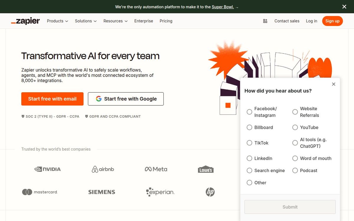 Zapier homepage showing automation platform connecting apps and AI workflows