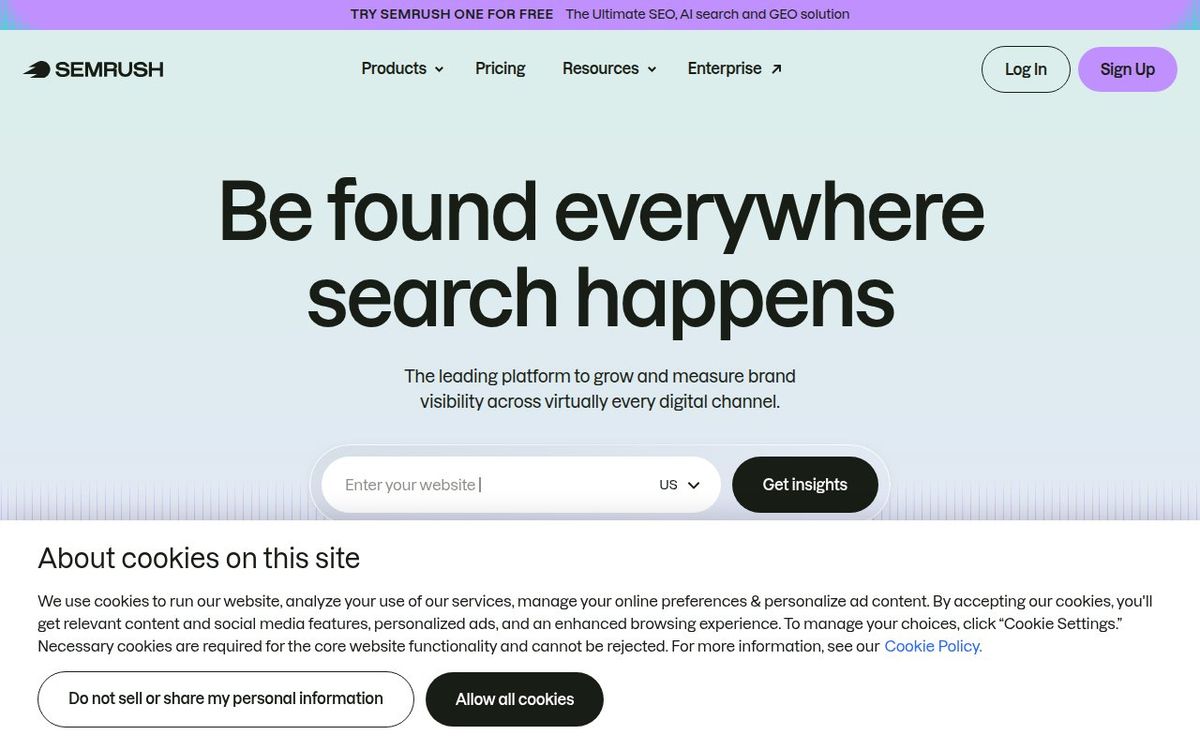 Semrush homepage showing digital marketing and SEO platform