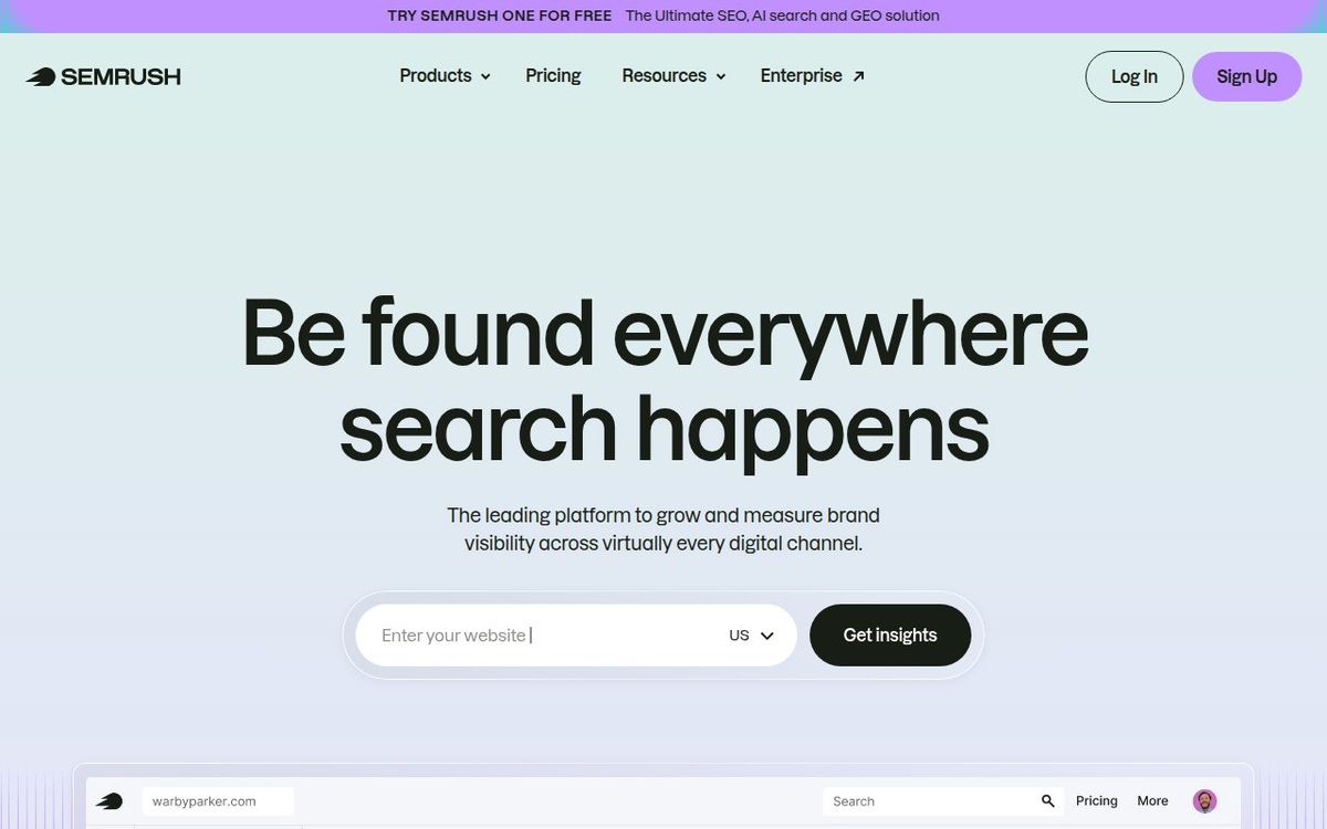 Semrush homepage showing SEO and digital marketing platform