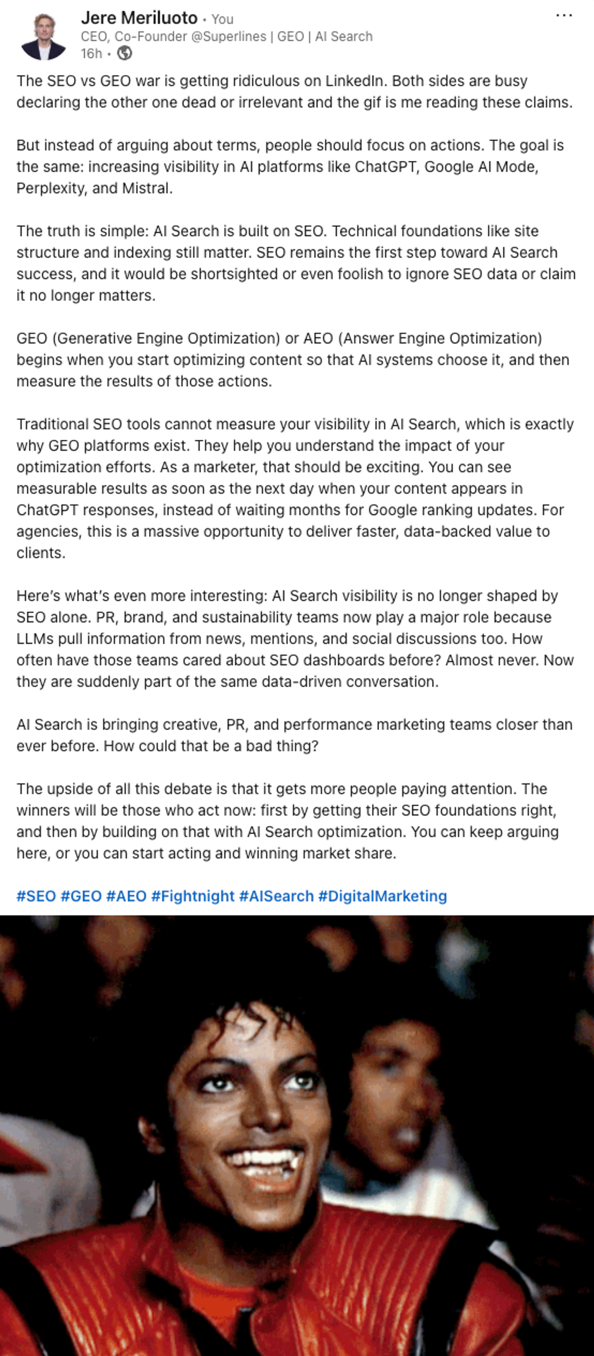 A LinkedIn post discussing the ongoing SEO vs GEO debate, highlighting that both aim for the same goal: visibility across AI platforms like ChatGPT, Google AI Mode, Perplexity, and Mistral.