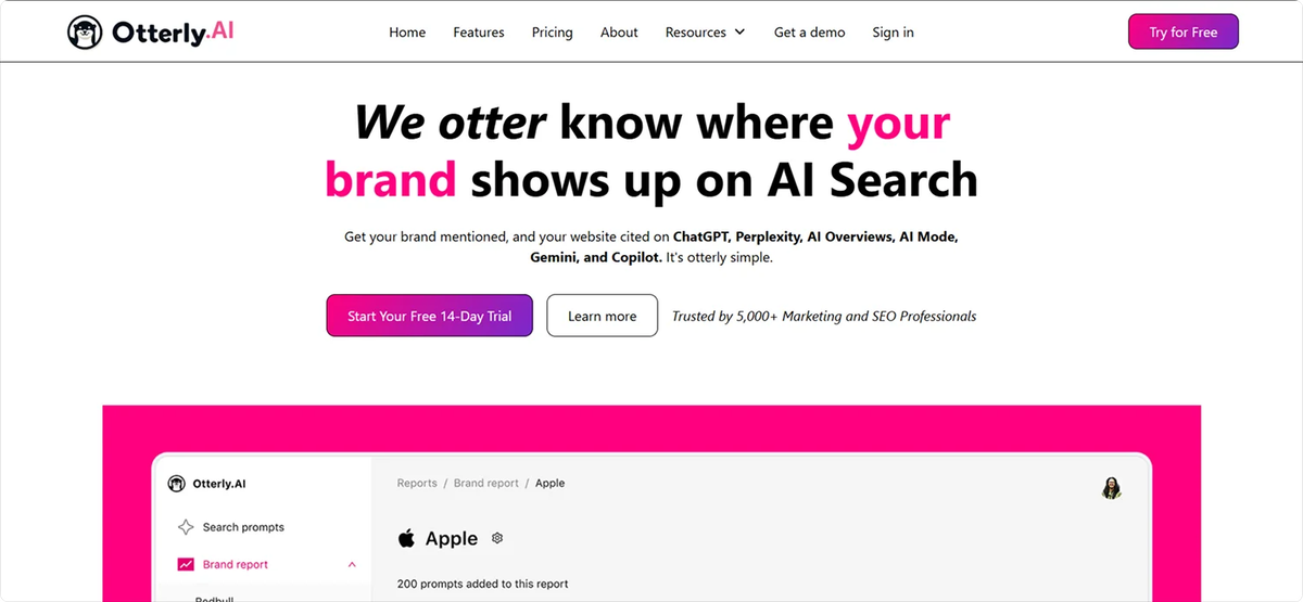 Otterly AI homepage showing the tagline “We otter know where your brand shows up on AI Search,” with buttons for free trial and demo.