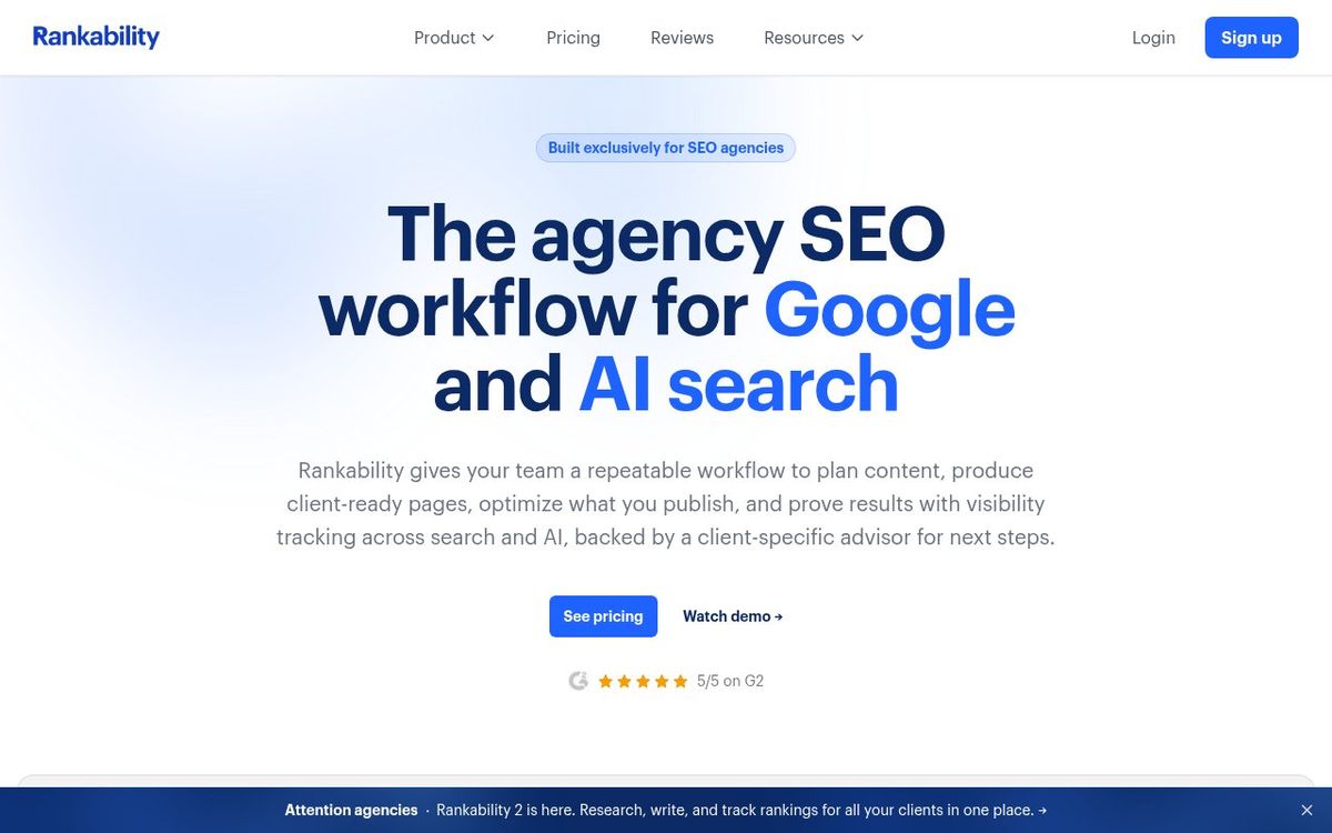 Rankability homepage showing AI search optimization platform