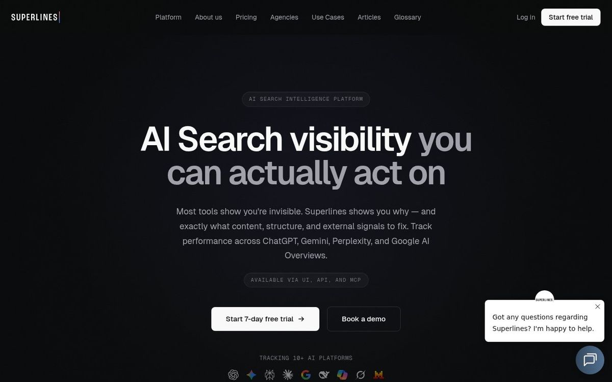 Superlines homepage showing AI search visibility platform with multi-engine tracking