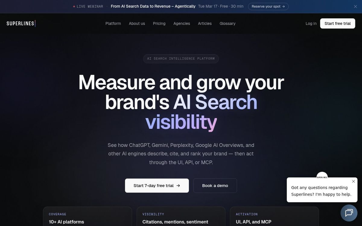 Superlines homepage showing AI search visibility platform with agentic GEO capabilities