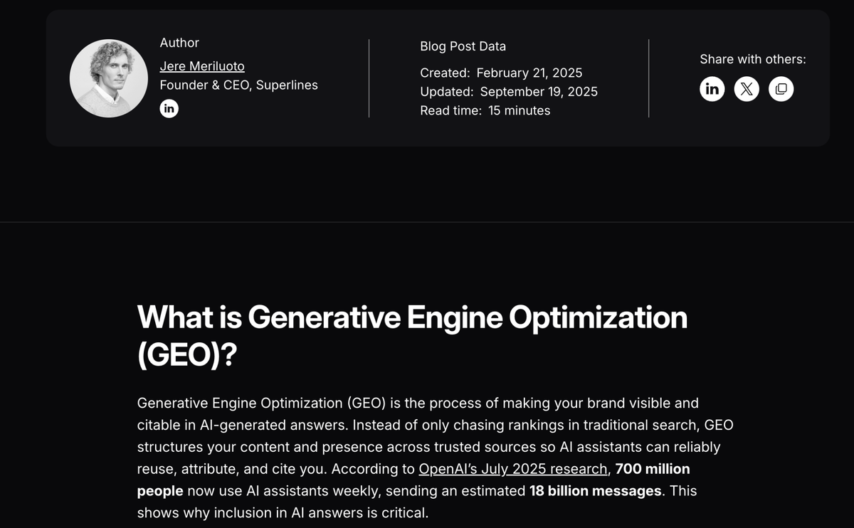 The opening section of the article introducing Generative Engine Optimization (GEO), featuring author details and key statistics on AI usage.