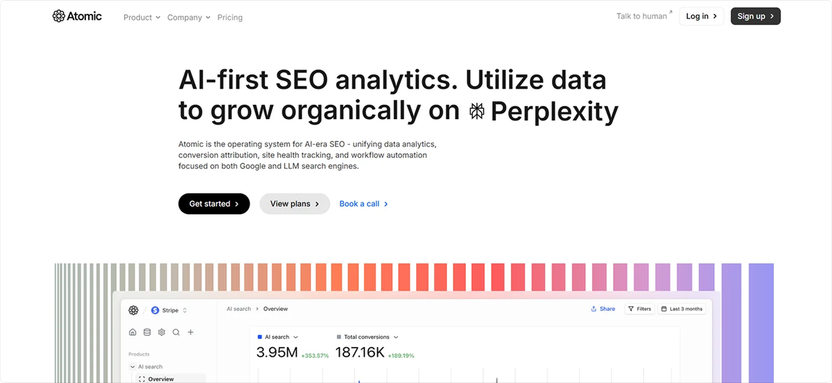 Homepage of Atomic featuring the tagline “AI-first SEO analytics. Utilize data to grow organically on Perplexity,” with visual dashboards showing traffic, conversions, and AI Search optimization metrics for LLM-based search engines.