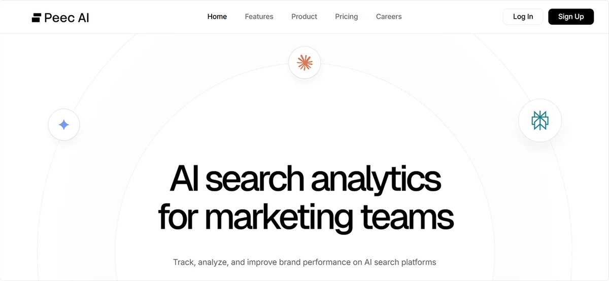 Screenshot of Peec AI homepage showing the headline “AI search analytics for marketing teams.” Peec AI helps marketers measure and improve their brand visibility in AI search results across platforms such as ChatGPT, Perplexity, and Gemini.