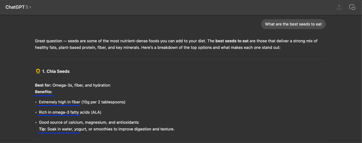 ChatGPT interface displaying the response to “What are the best seeds to eat,” featuring structured bullet points and highlighted key nutrients, demonstrating AI content generation from multiple sub-queries.