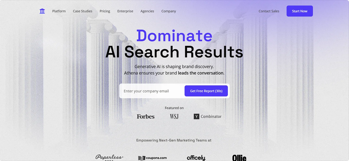 AthenaHQ homepage displaying “Dominate AI Search Results.” The site highlights generative AI brand discovery, showing how Athena helps companies lead conversations in AI-driven search.