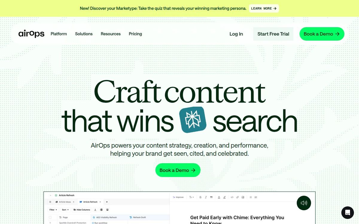 AirOps homepage showing AI content workflows and growth platform
