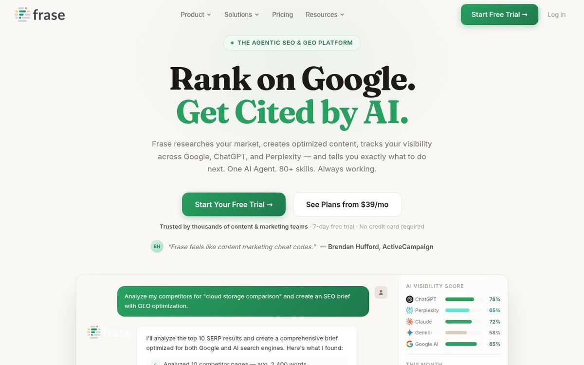 Frase homepage showing the agentic SEO and GEO platform with AI agent capabilities