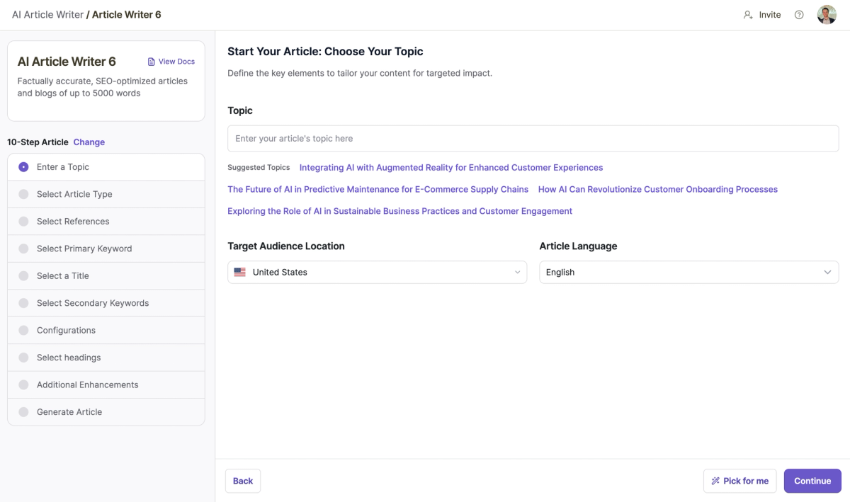 Writesonic's documented Article Writer 6 workflow begins with topic, audience location and language before research and drafting.