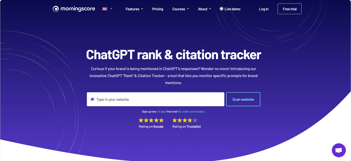 Morningscore homepage presenting its “ChatGPT rank & citation tracker” tool, designed to monitor brand mentions and prompt-level visibility across ChatGPT and other AI assistants, with user rating badges shown below.