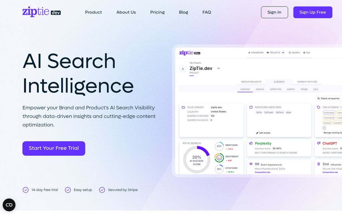 ZipTie homepage showing AI citation tracking and monitoring tool