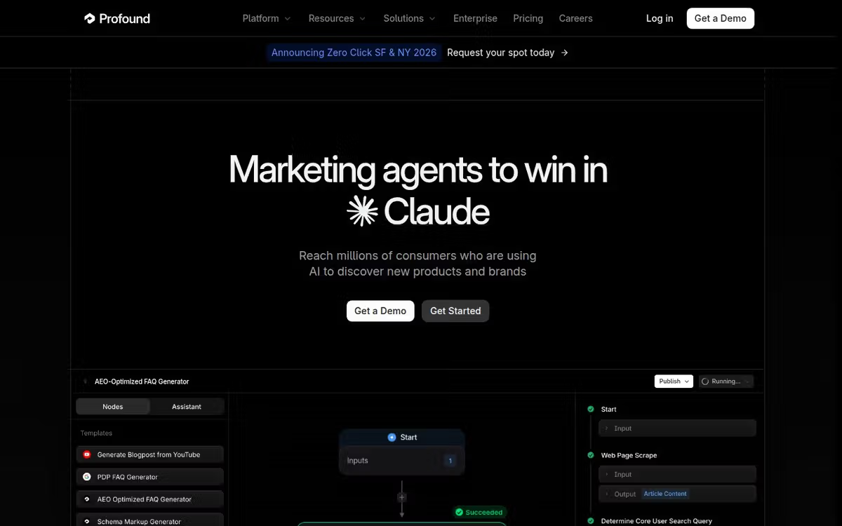 Profound homepage showing GEO analytics platform with text "Marketing agents to win in Claude"