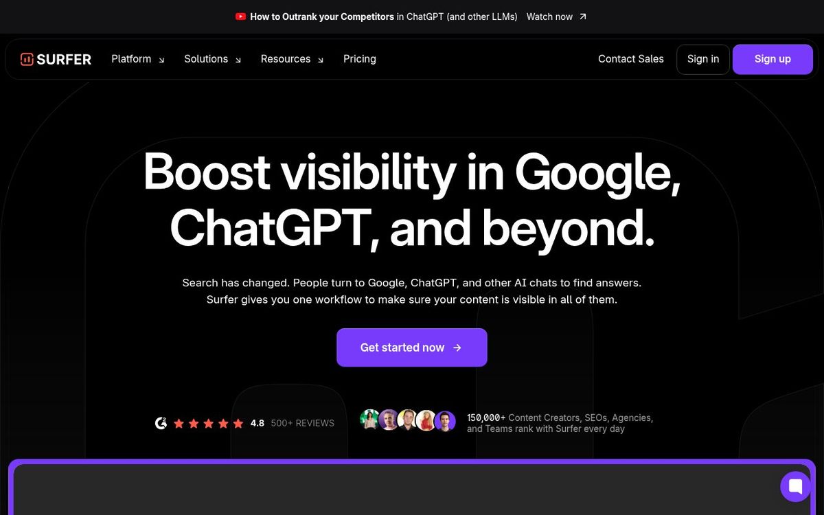 Surfer SEO homepage showing AI content optimization and visibility tracking platform