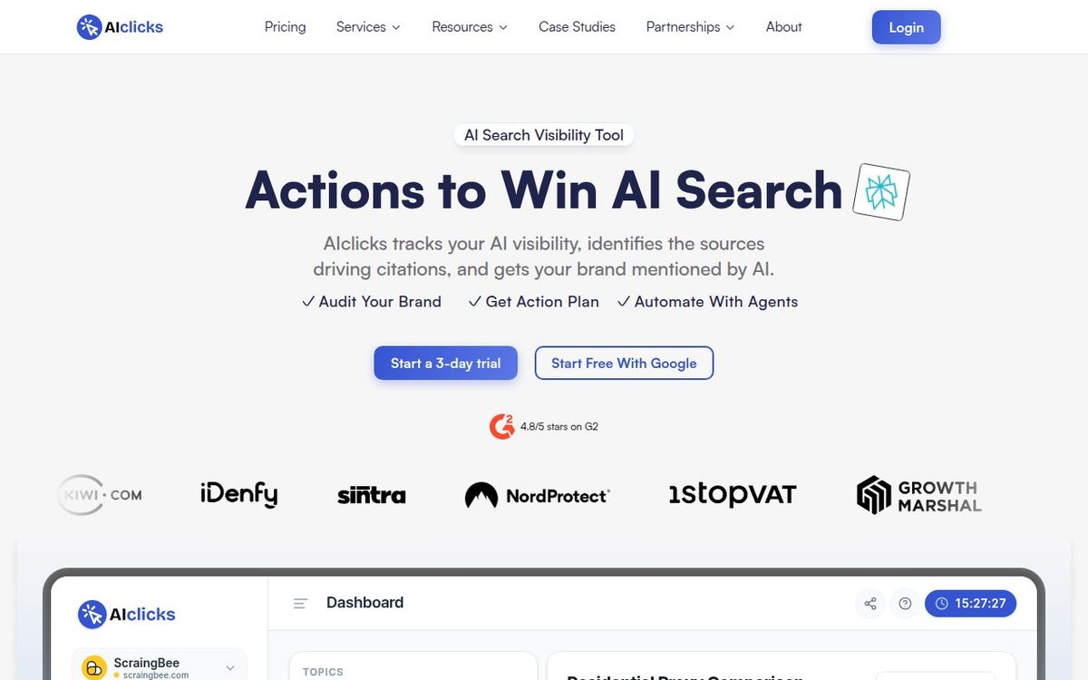 AIclicks homepage showing AI search monitoring tools
