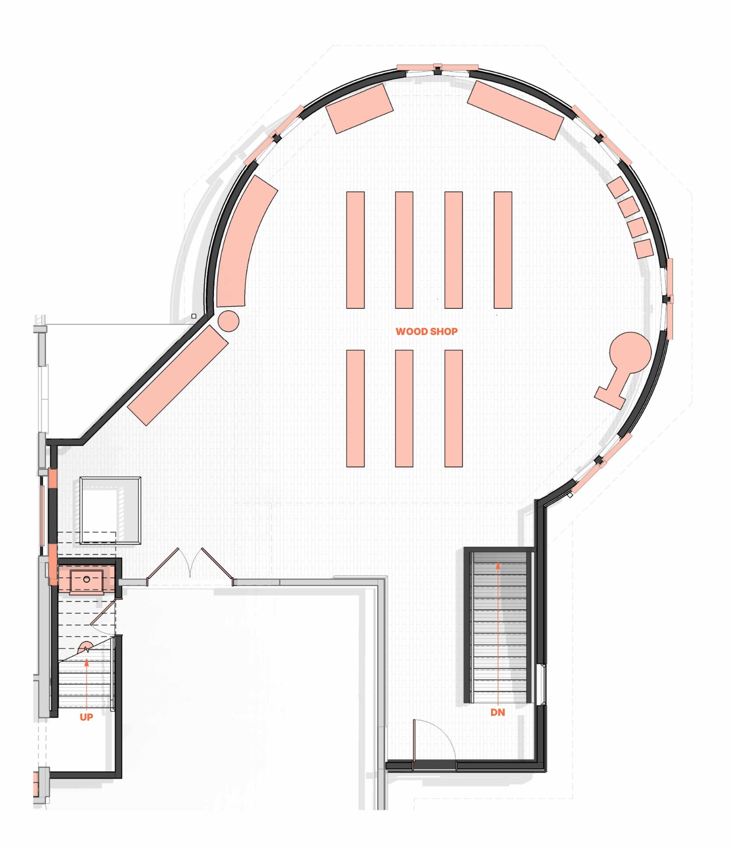 basement floor plan with light orange furniture layout