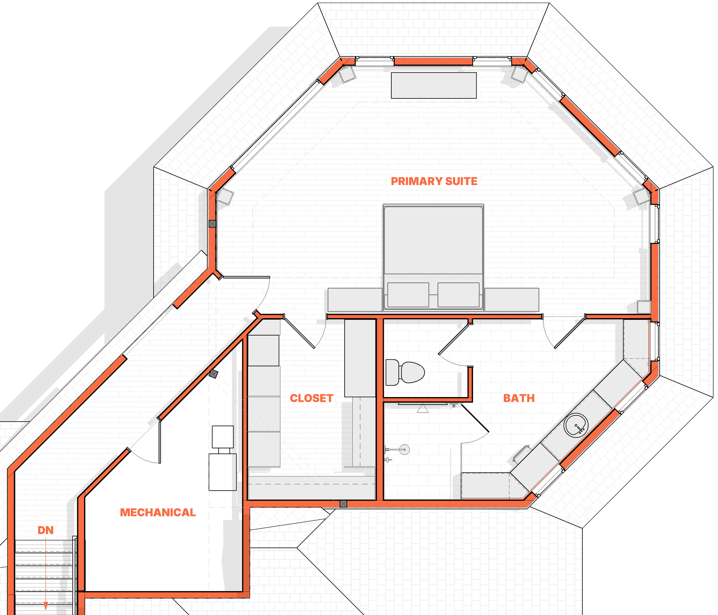 Floor plan drawing with walls shaded orange and unique curved patterns and a primary suite layout with a bedroom, bathroom, closet, and mechanical room