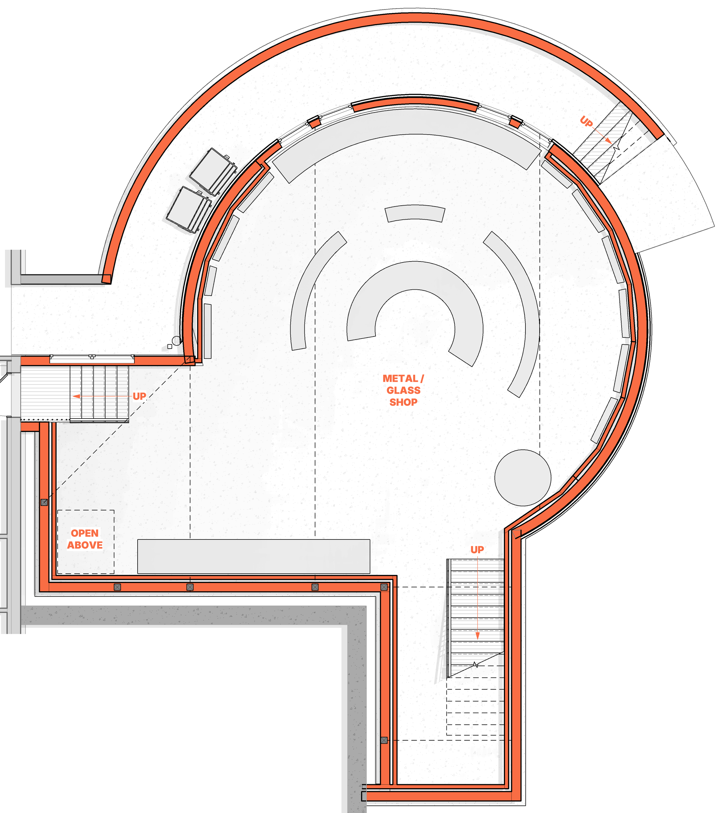 Floor plan drawing with walls shaded orange and unique curved patterns