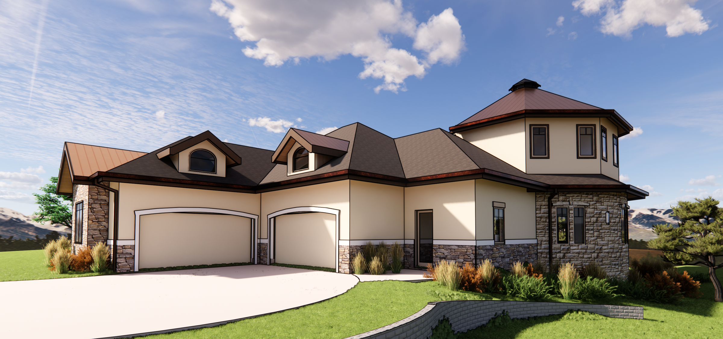 3D rendering of a tower addition onto a traditional house.