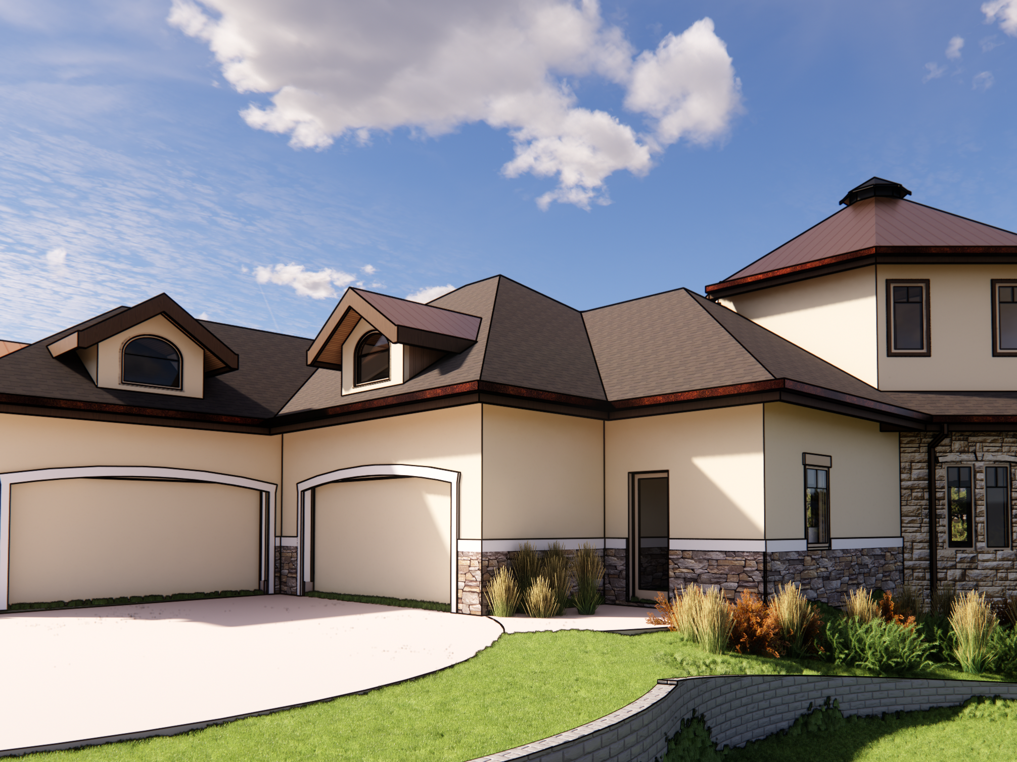 3D rendering of a tower addition onto a traditional house.