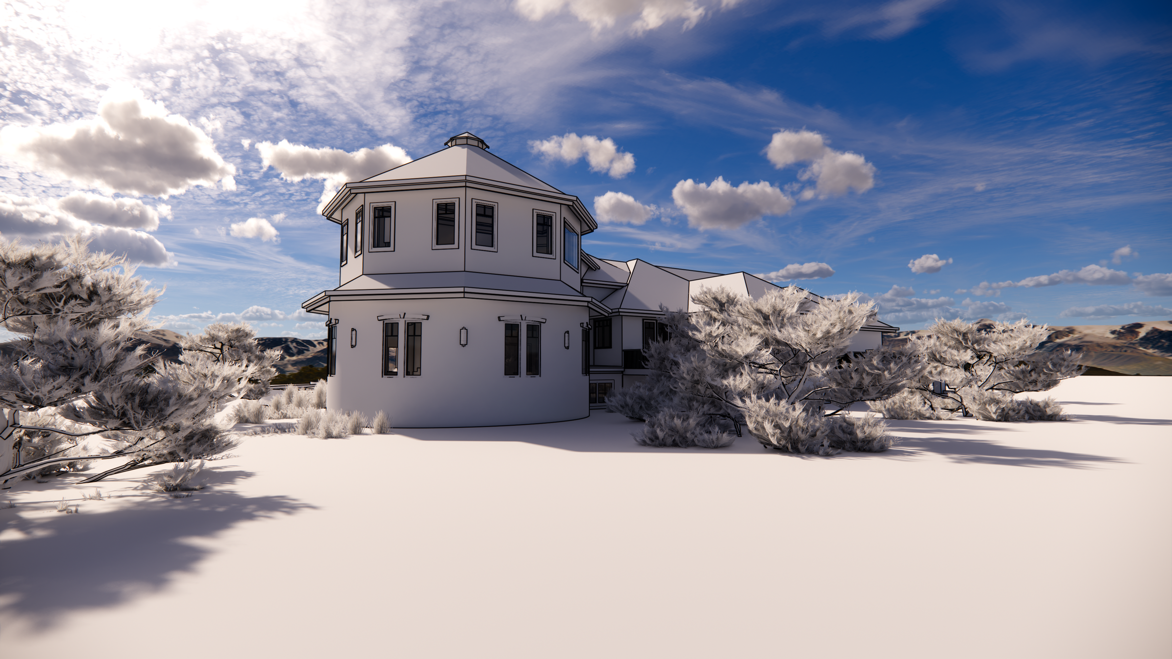 White-model 3D rendering of a tower addition onto a traditional house