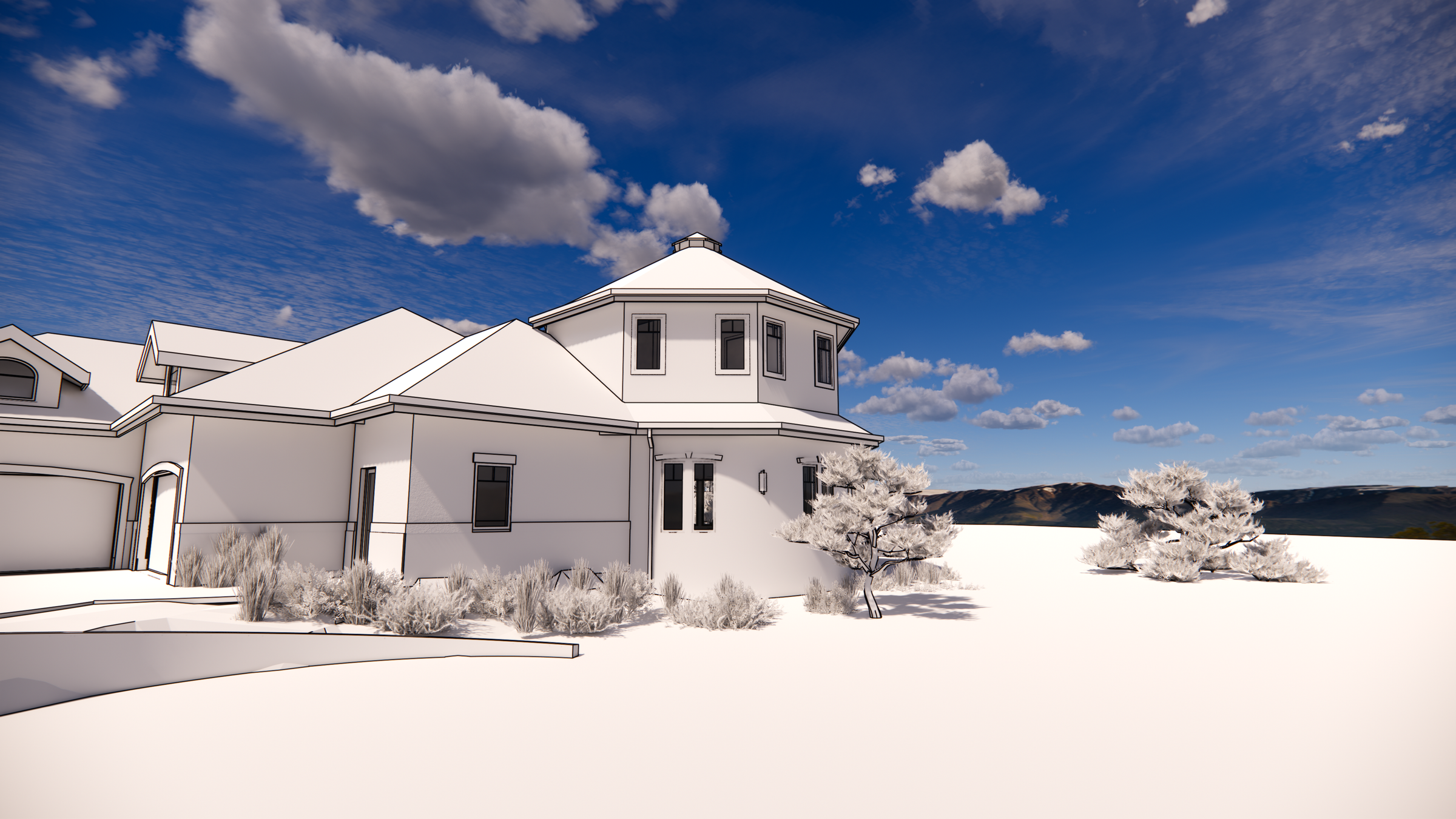 White-model 3D rendering of a tower addition onto a traditional house.