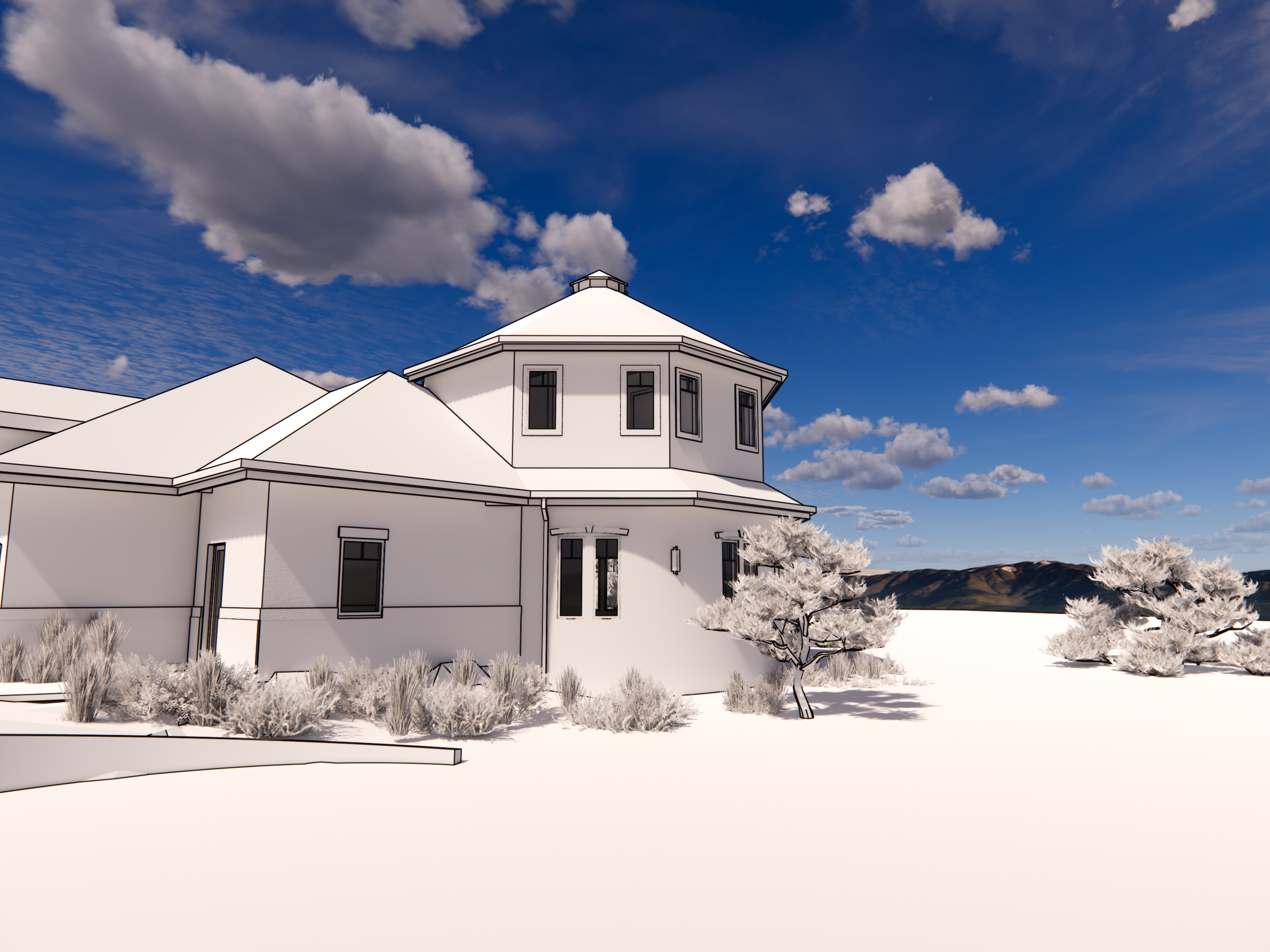 White-model 3D rendering of a tower addition onto a traditional house.