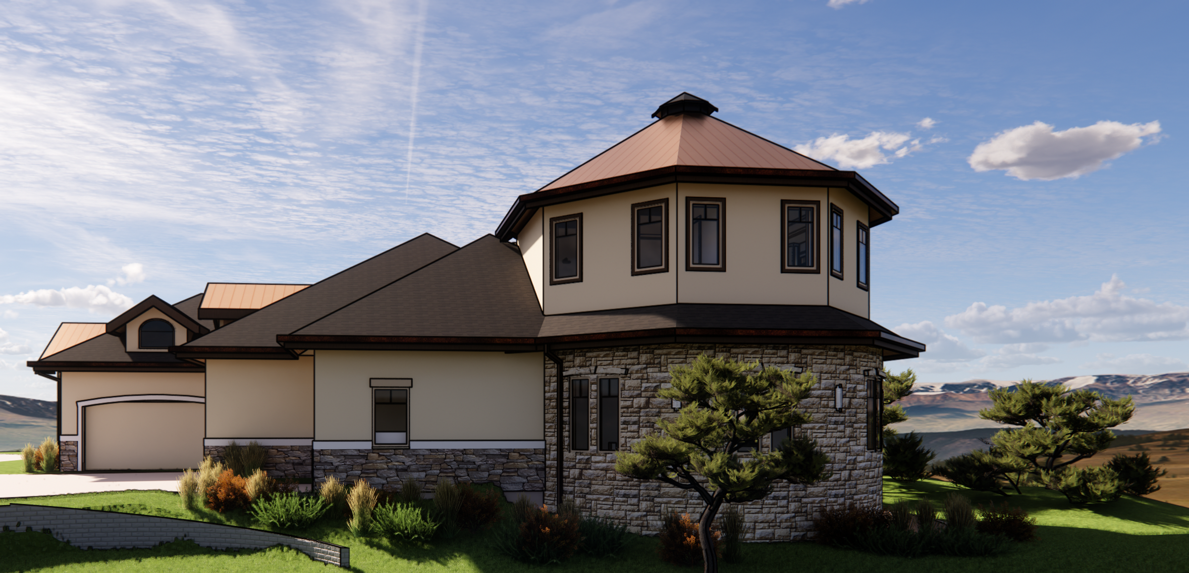 3D rendering of a tower addition onto a traditional house.