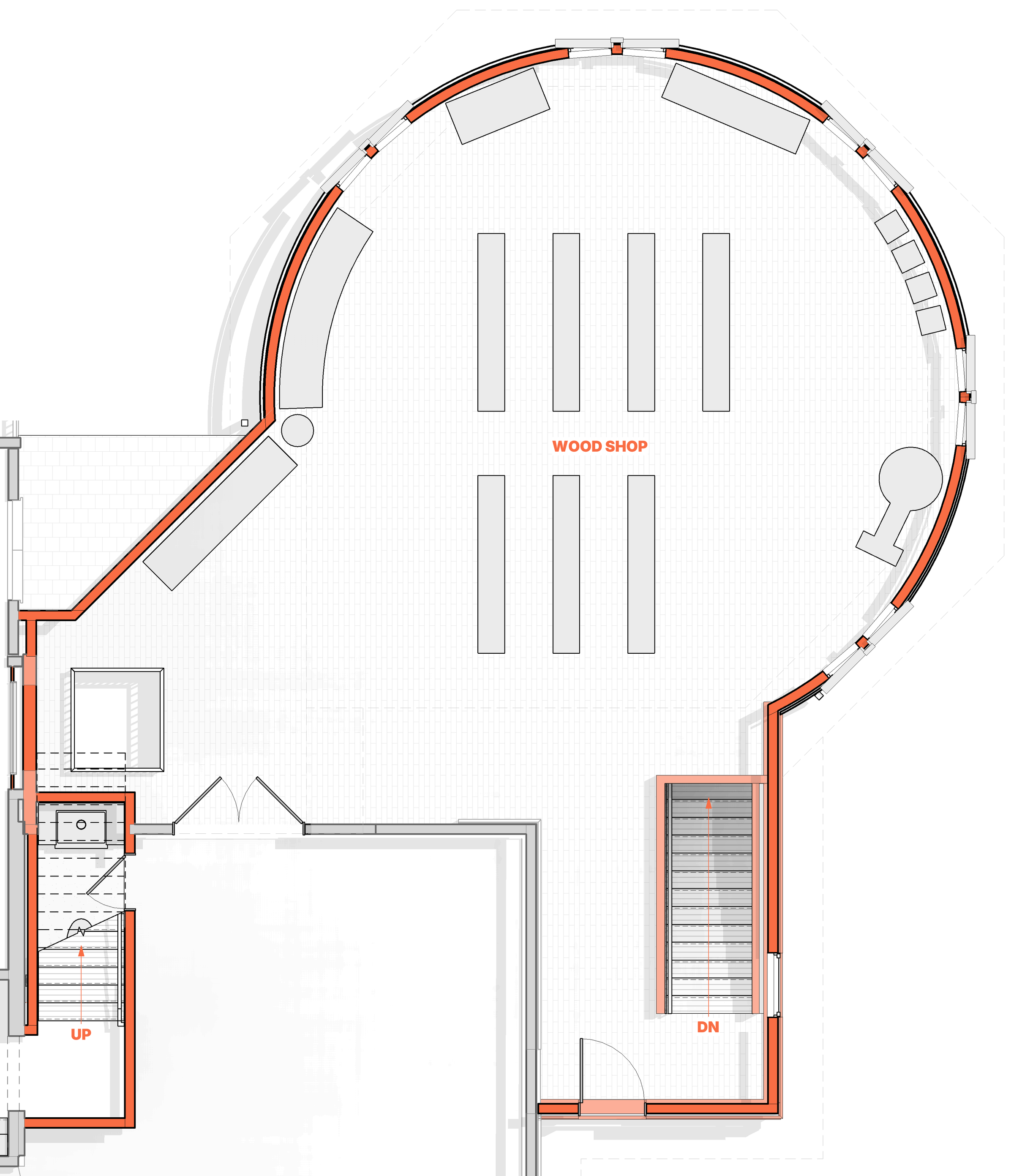 Floor plan drawing with walls shaded orange and unique curved patterns