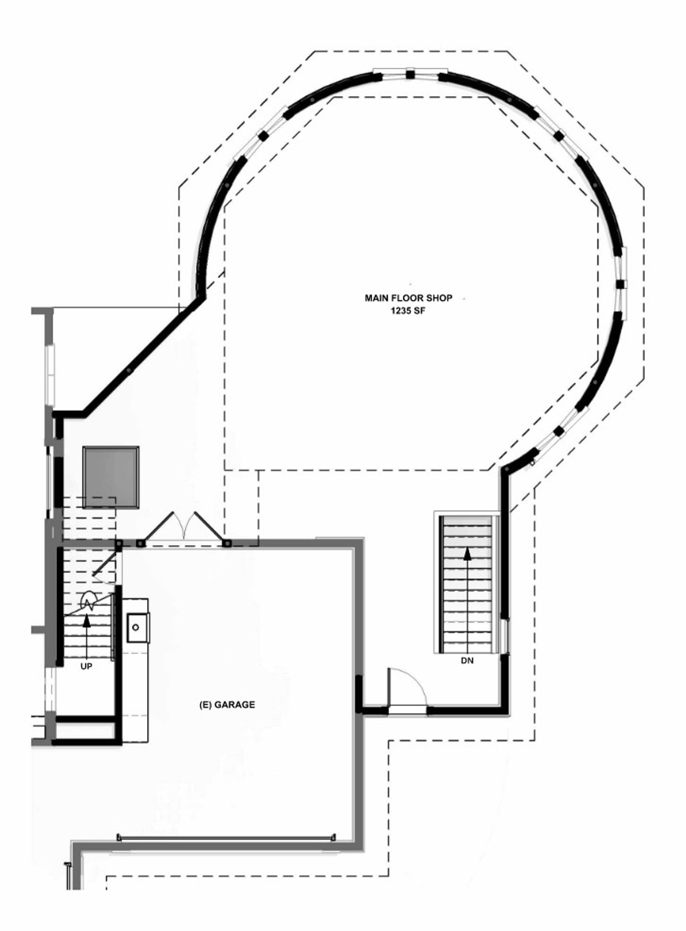 Black and white floor plan of the main floor of the tower addition