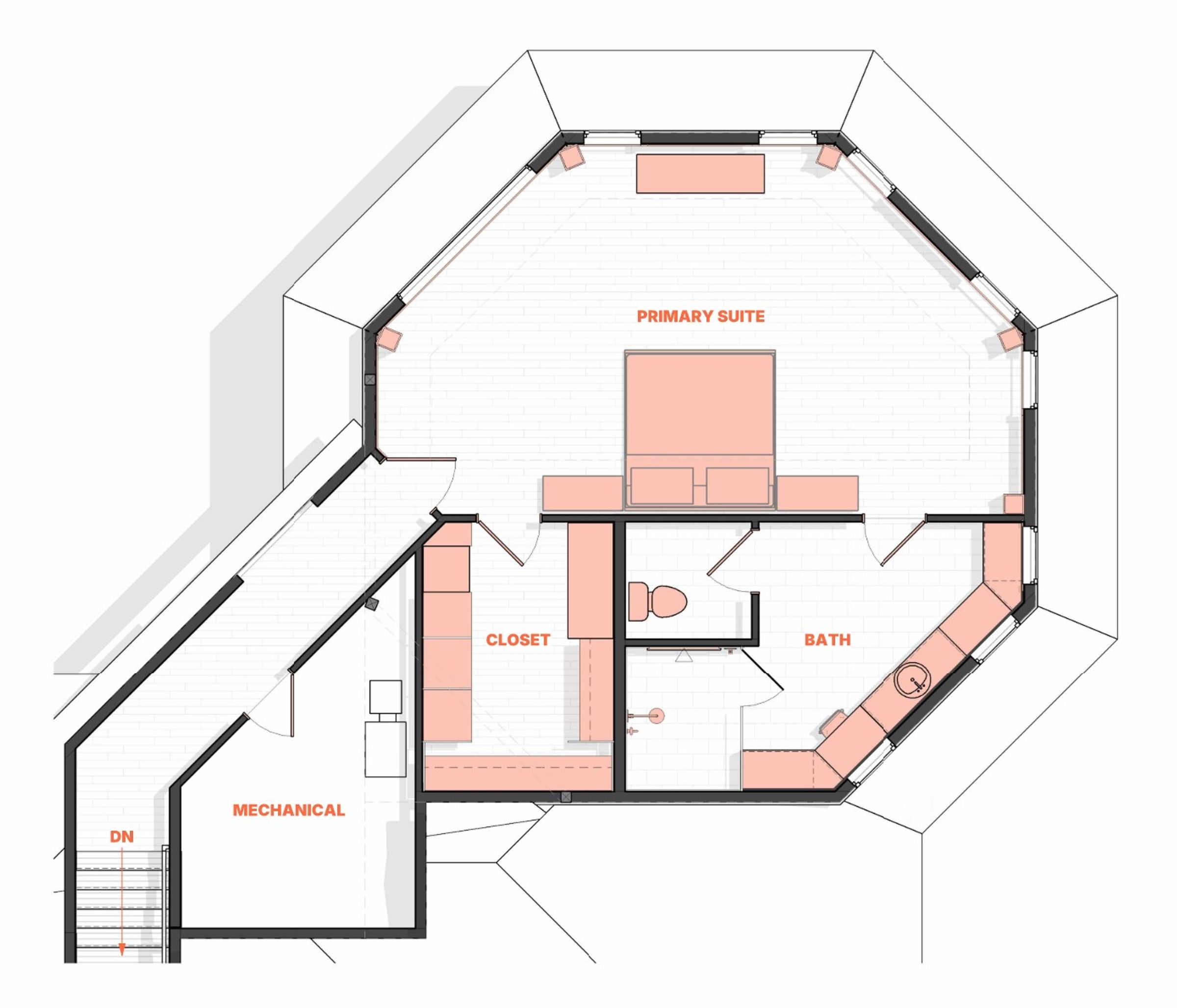 floor plan with light orange furniture layout
