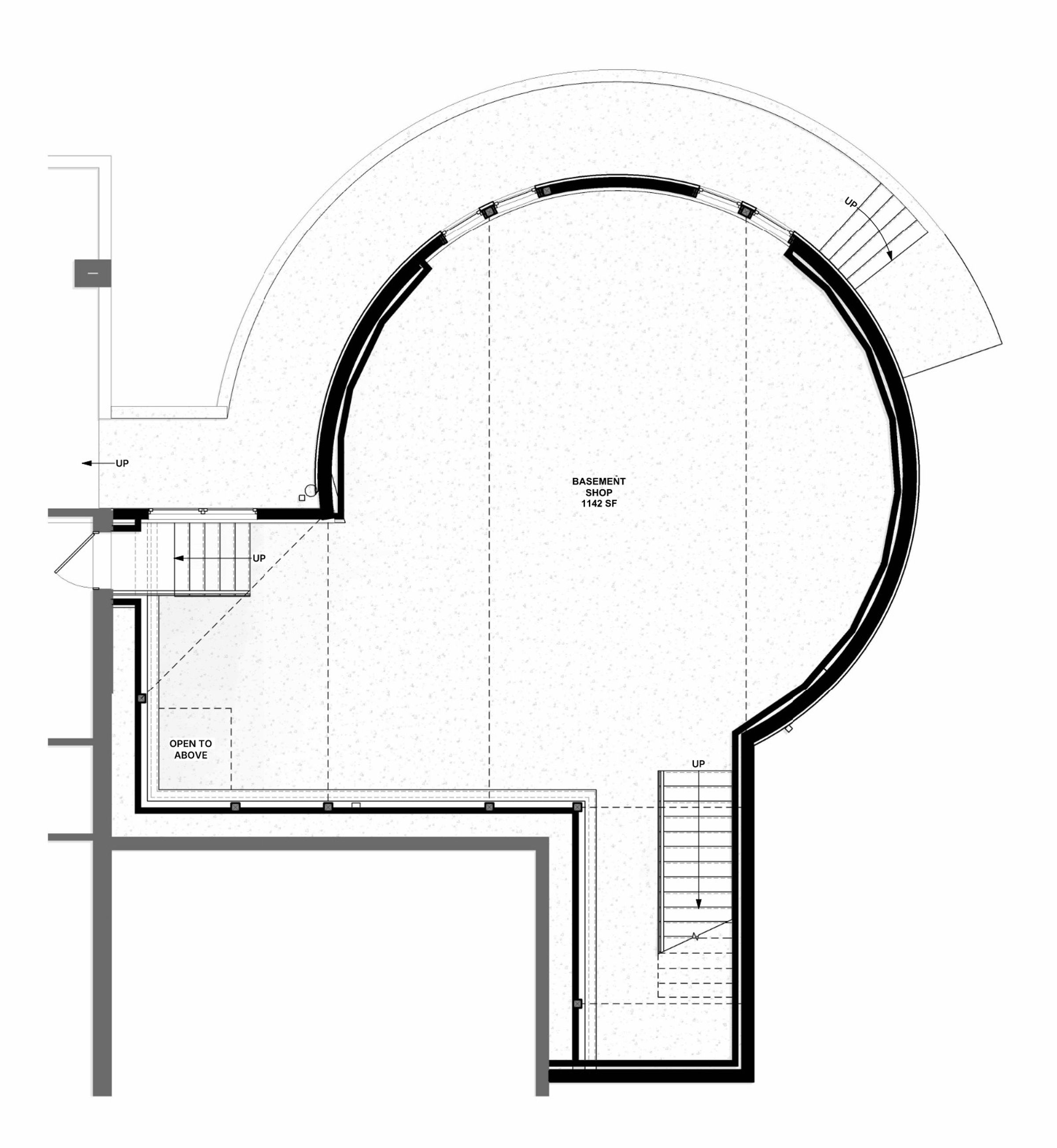 Black and white floor plan of the basement of the tower addition