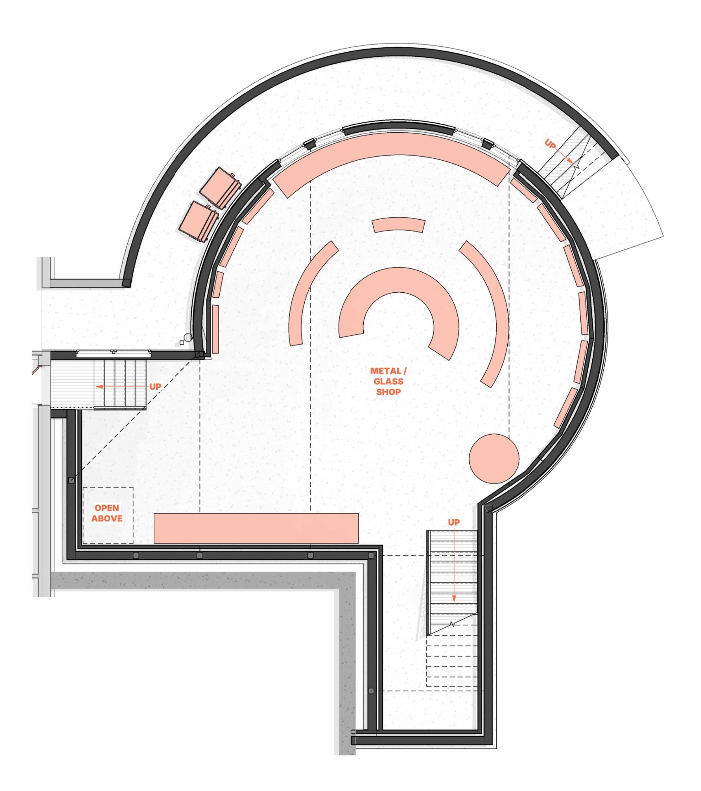 basement floor plan with light orange furniture layout
