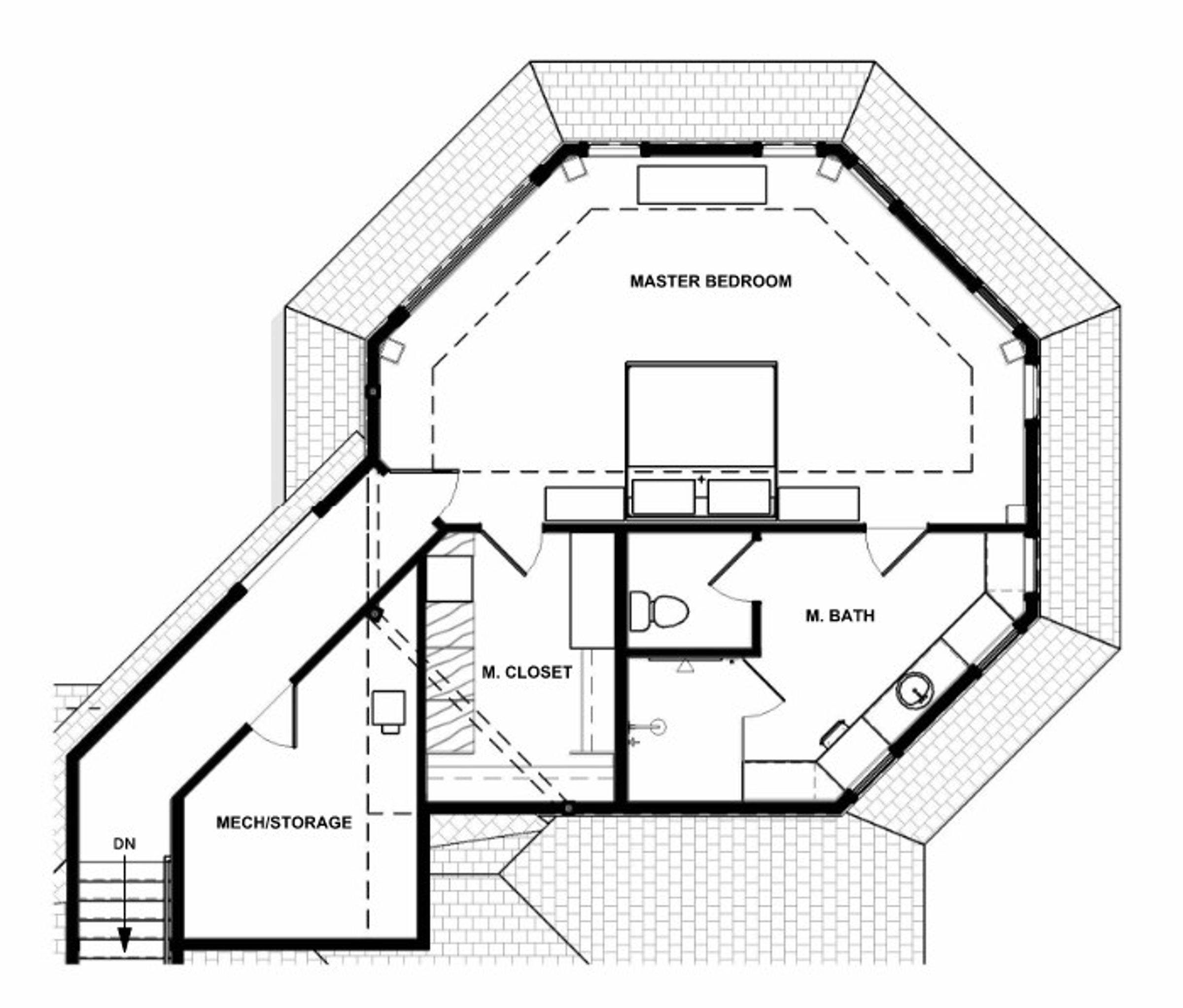 Black and white floor plan of the upper floor guest suite of the tower addition