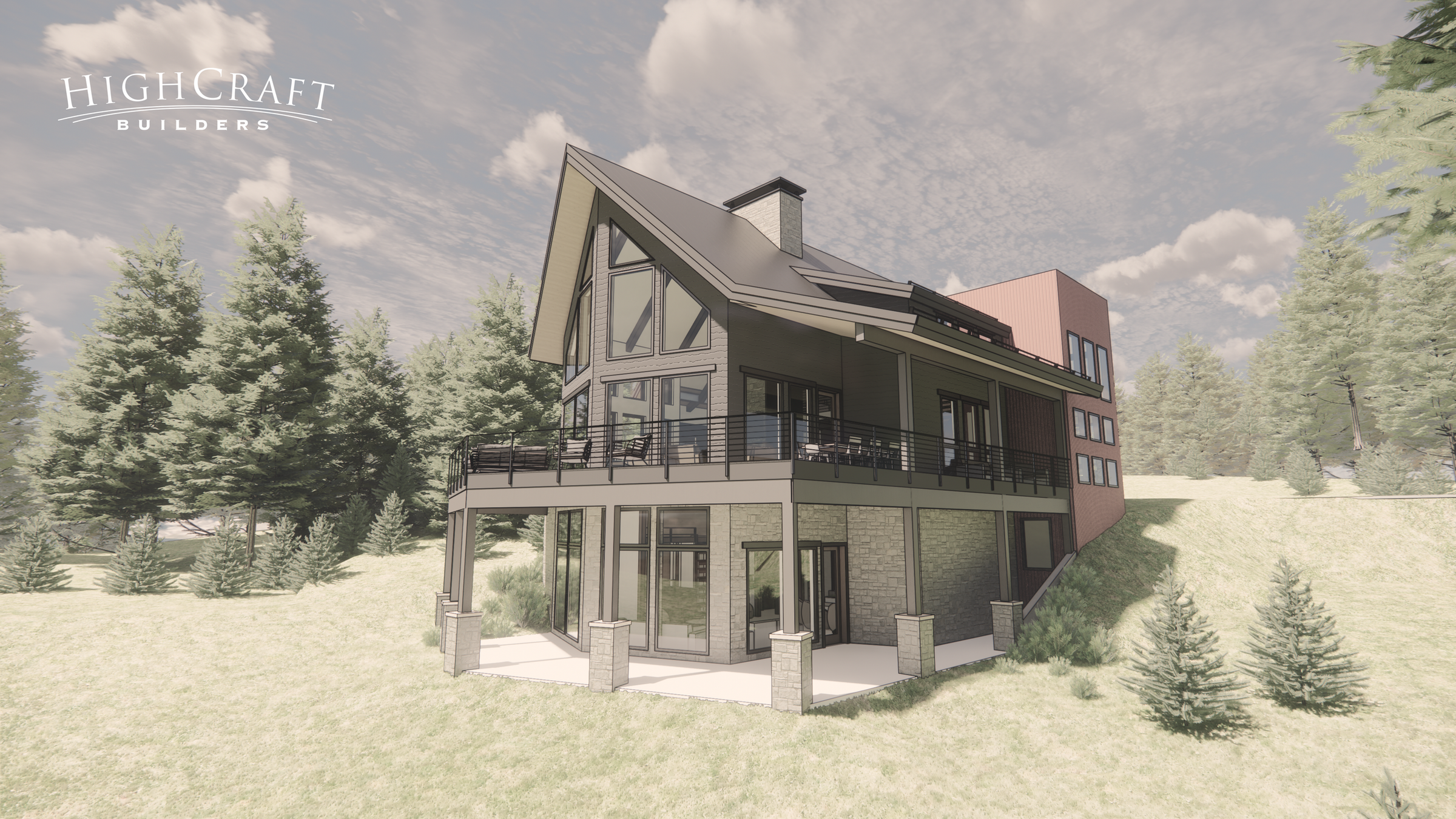 3D rendering of 2-story A frame cabin to be built in the mountains of CO