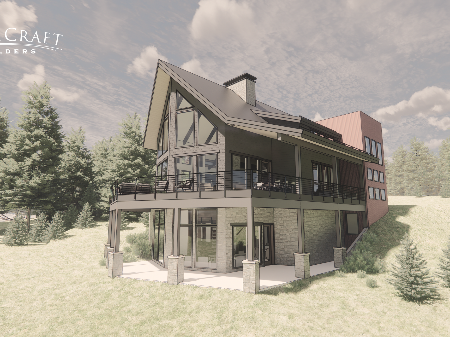 3D rendering of 2-story A frame cabin to be built in the mountains of CO