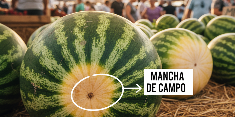 Imagem de Close-up de uma melancia na feira, destacando sua mancha de campo amarela e cremosa. Um indicador essencial de melancia madura e saborosa. Close-up de uma melancia na feira, destacando sua mancha de campo amarela e cremosa. Um indicador essencial de melancia madura e saborosa.