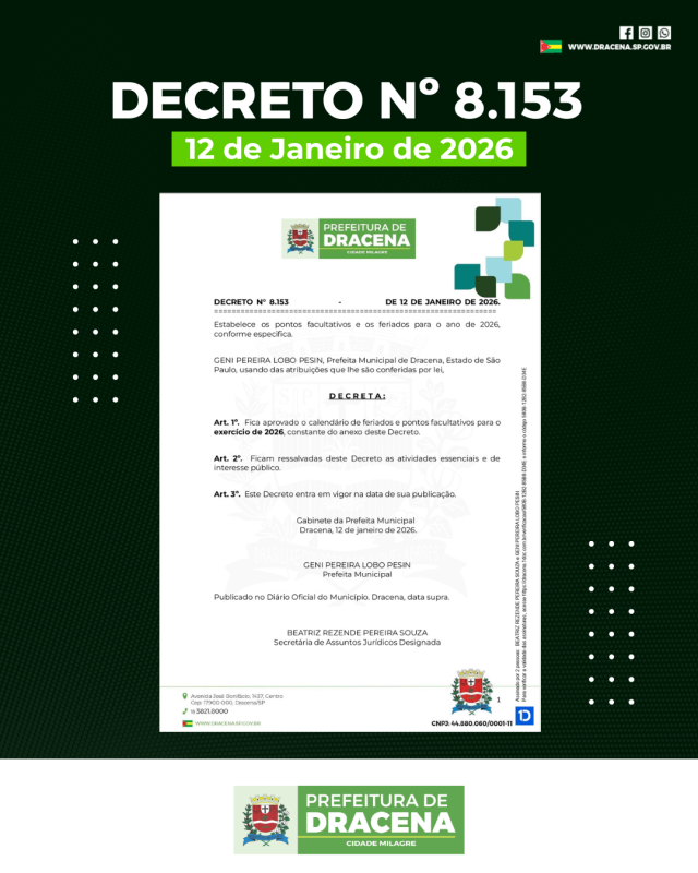 Prefeitura de Dracena divulga calendário oficial de feriados e pontos facultativos para 2026