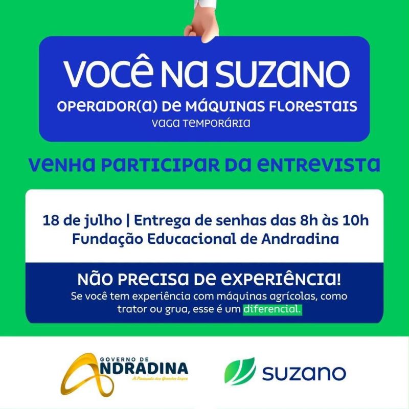 Suzano abre vaga para Operador de Máquinas Florestais em parceria com prefeitura de Andradina