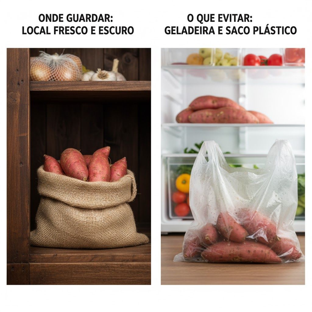 Imagem de Como armazenar batata doce: Batatas doces em saco de estopa em despensa fresca e escura (ideal) e batatas na geladeira em saco plástico (evitar). Dicas de armazenamento para prolongar a vida da batata doce. Como armazenar batata doce: Batatas doces em saco de estopa em despensa fresca e escura (ideal) e batatas na geladeira em saco plástico (evitar). Dicas de armazenamento para prolongar a vida da batata doce.